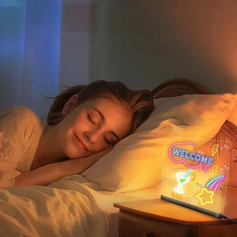 Acrylic Clear Light Up Drawing Board,Glow Erasable Memo LED Magic Board , Kids DIY Toys , with 7 Color Markers Pen and Stand