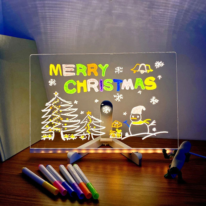 Acrylic Clear Light Up Drawing Board,Glow Erasable Memo LED Magic Board , Kids DIY Toys , with 7 Color Markers Pen and Stand