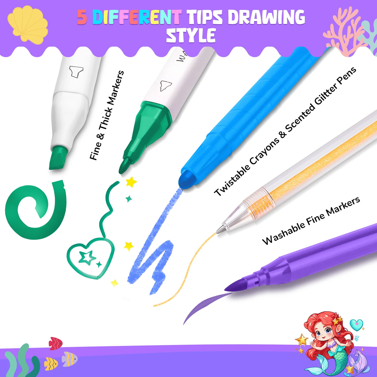 Mermaid Drawing Kit For Kids With Markers Crayons Pencil Case Educational Art And Creativity Kits Coloring Set Montessori Toys