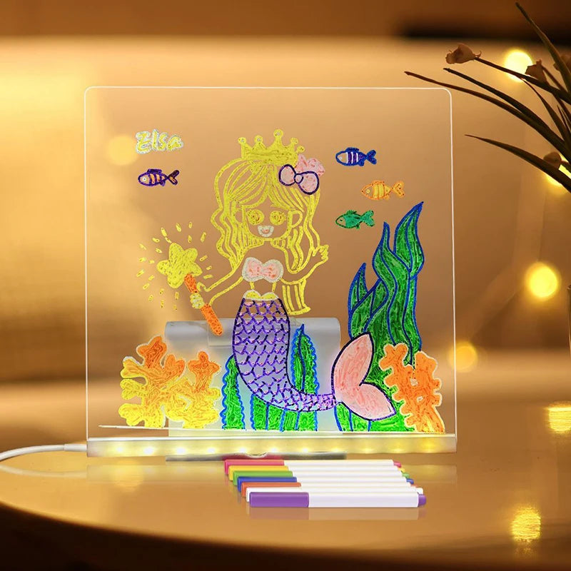 Acrylic Clear Light Up Drawing Board,Glow Erasable Memo LED Magic Board , Kids DIY Toys , with 7 Color Markers Pen and Stand